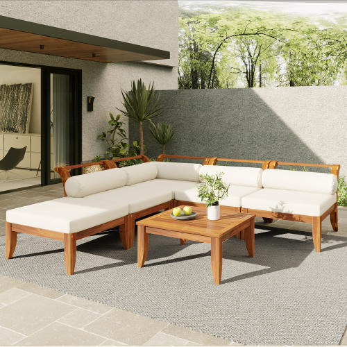 6-Piece Teak Acacia Wood  Patio Sofa Set L-Shaped Conversation Set with  5 Beige Cushions ,Tea Table, and Ottoman