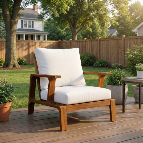 Teak Wood Outdoor Lounge Chair with White Cushion for Patio