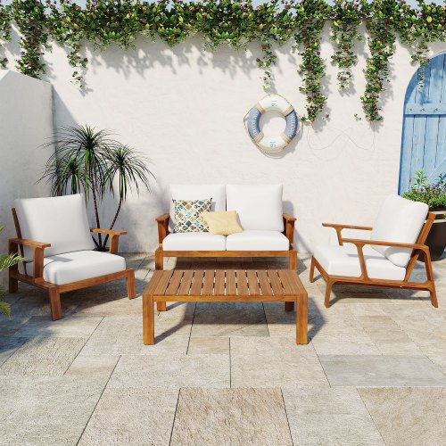 4 Pieces Teak Acacia Wood Outdoor Conversation Set with White Cushions Includes a Coffee Table ,2 Armschairs and Loveseat