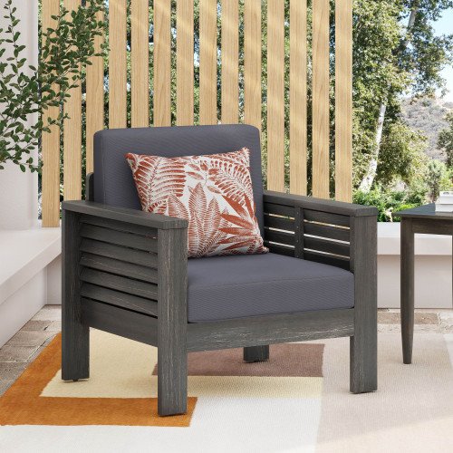 Dark Gray Outdoor Acacia Wood Club Chairs with Gray Cushions for Backyard