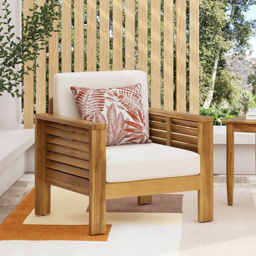 Brown Outdoor Acacia Wood Club Chairs with Beige Cushions for Backyard