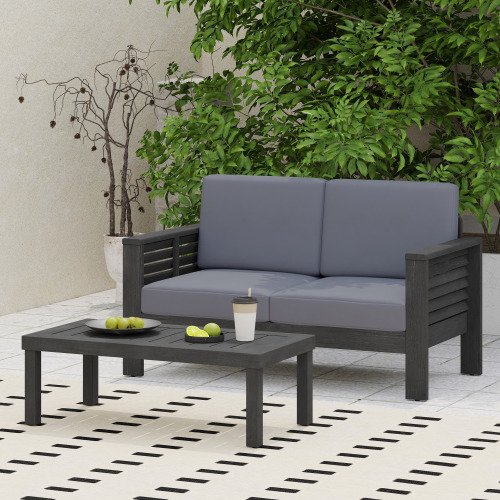 Dark Gray Acacia Wood Loveseat and Coffee Table Set with Gray Cushions