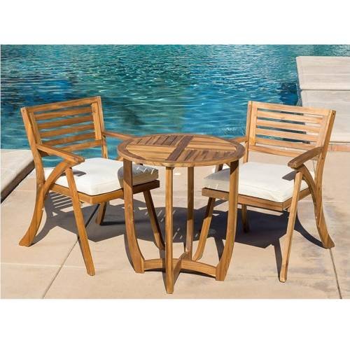 3 Pieces Teak Wood Dining Set With Beige Cushions for Patio