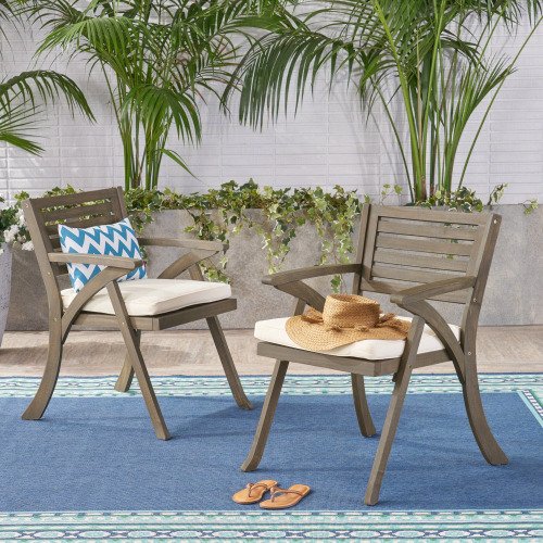 Gray Outdoor Acacia Wood Dining Chair with Beige Cushions Set of 2