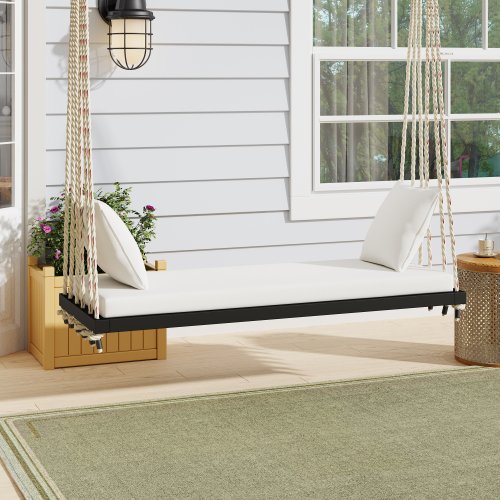 Patio Wooden Swing Chair with 10.8Ft Hemp Ropes, Cushion&Pillows, for Garden,Backyard, Lawn, Black