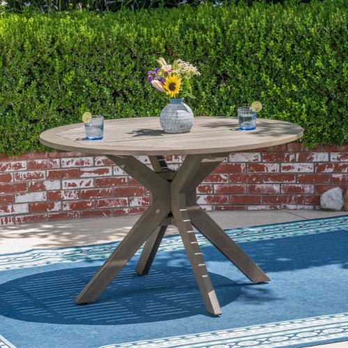 Gray Outdoor Round Acacia Wood Dining Table with X Base