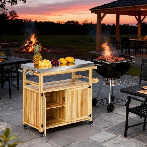 Natural Wood Outdoor Kitchen Island Grill Cart