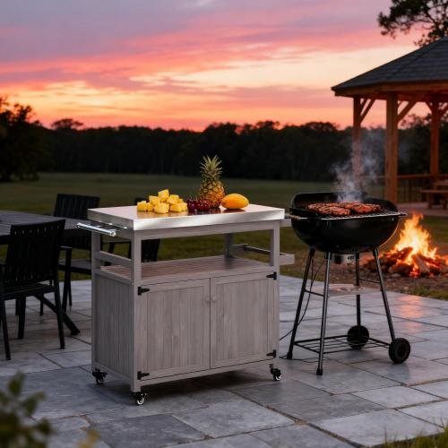 Gray Wood Outdoor Kitchen Island Grill Cart