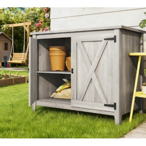 Light Gray Wooden Garden Storage Cabinet Shed