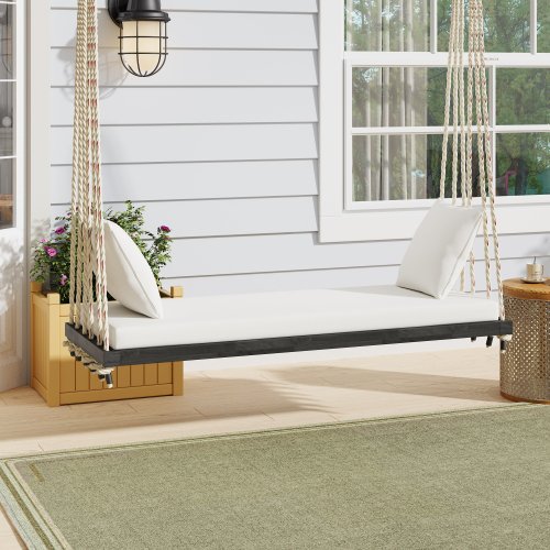 Patio Wooden Swing Chair with 10.8Ft Hemp Ropes, Cushion&Pillows, for Garden,Backyard, Lawn, Brown