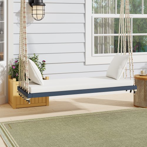 Patio Wooden Swing Chair with 10.8Ft Hemp Ropes, Cushion&Pillows, for Garden,Backyard, Lawn, Gray